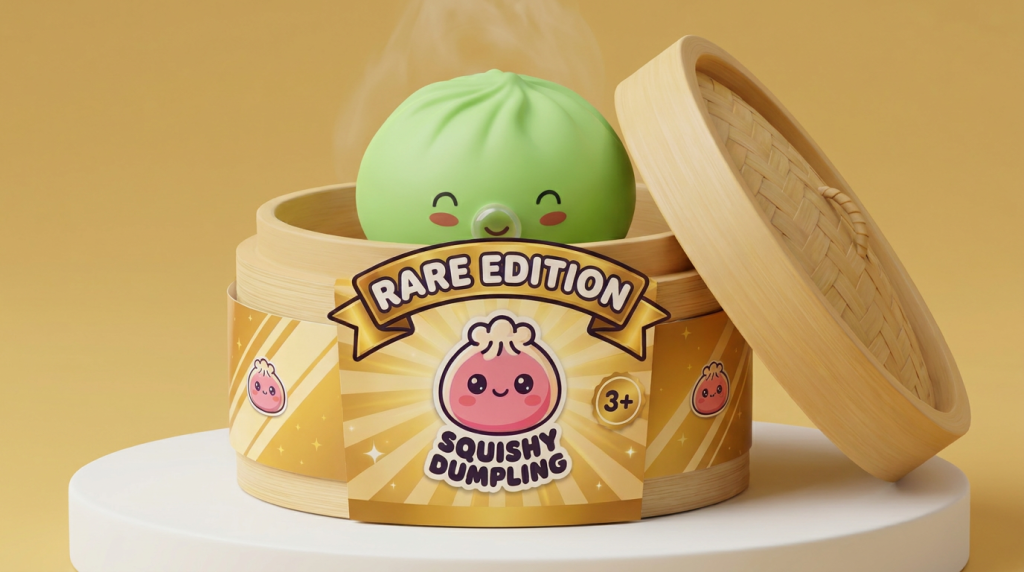 Dumpling Squishy Matcha Vert Rare Blow en su cesta de vapor de bambú