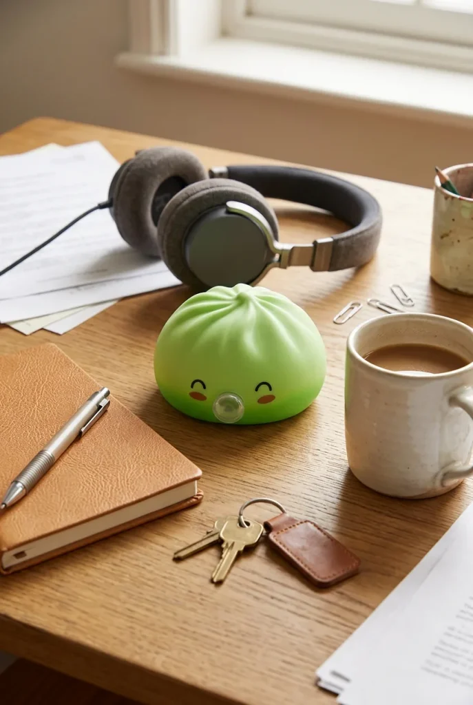 Dumpling Squishy Matcha Vert Rare Blow en un escritorio