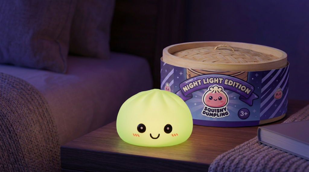 Dumpling Squishy Luz Nocturna Verde en un ambiente de escritorio