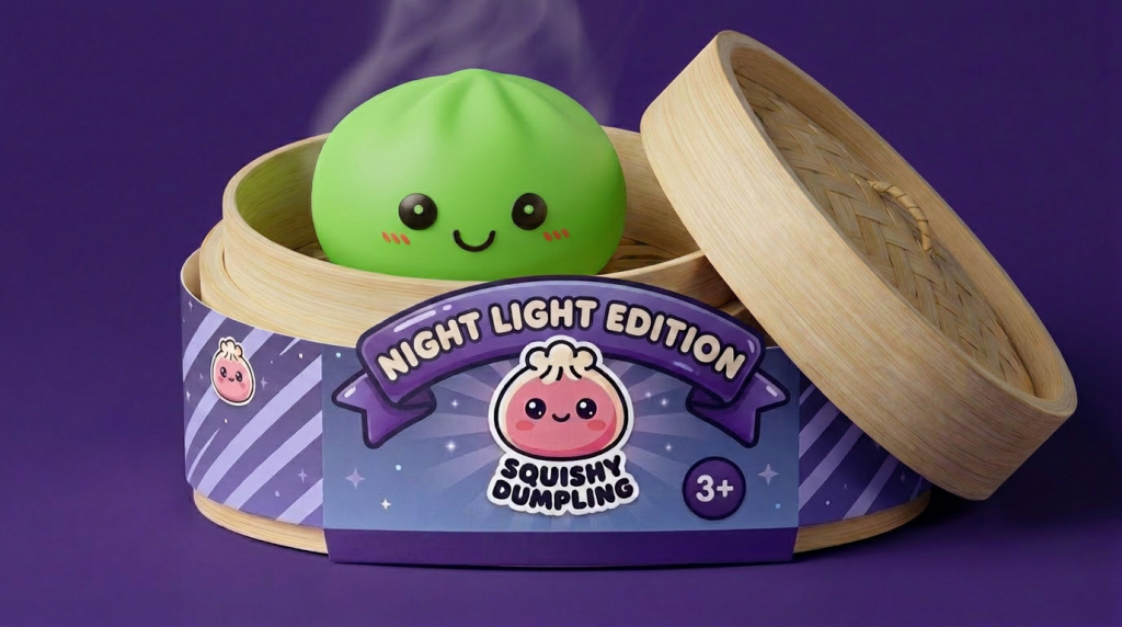 Dumpling Squishy Luz Nocturna Verde en su cesta de vapor de bambú