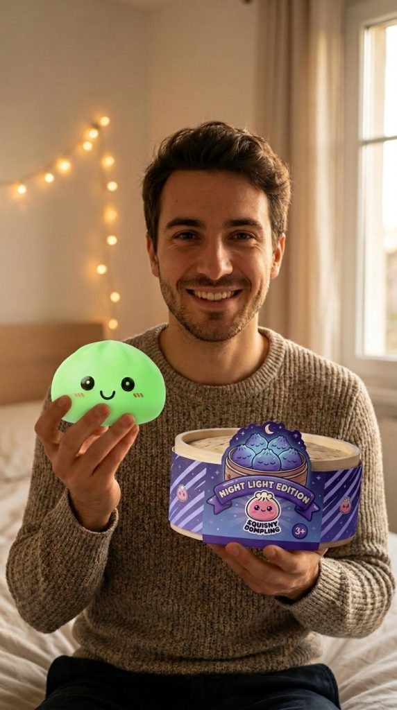 Dumpling Squishy Luz Nocturna Verde con su cesta de vapor de bambú