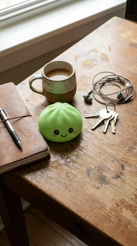 Dumpling Squishy Luz Nocturna Verde en un escritorio