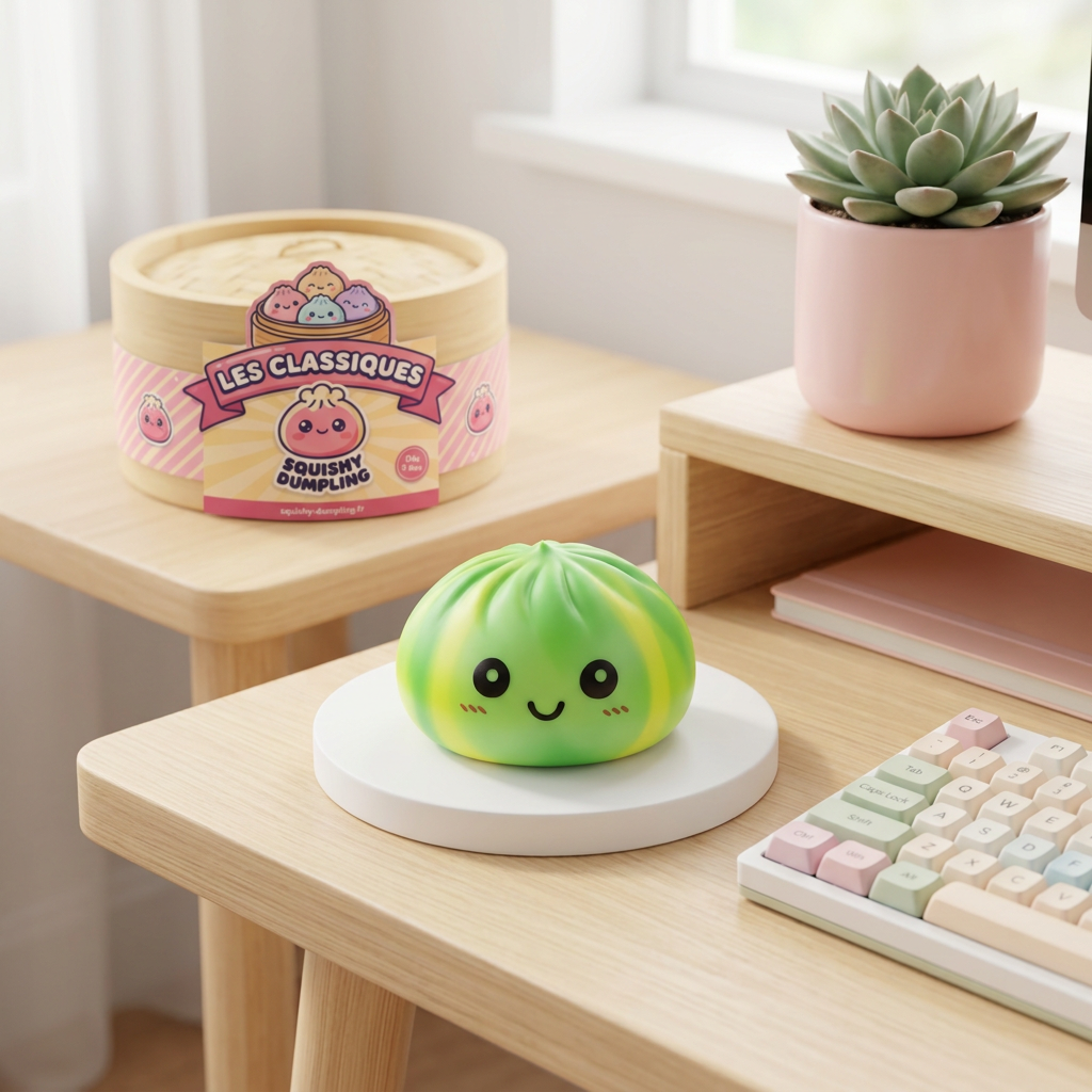 Squishy Dumpling Tie Dye Verde Remolino en un ambiente de escritorio