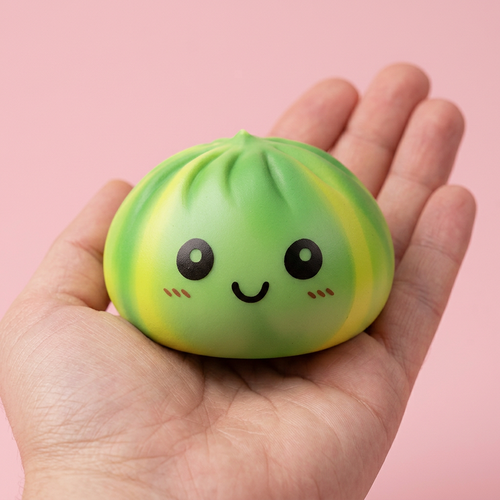 Squishy Dumpling Tie Dye Verde Remolino en la mano, tamaño real