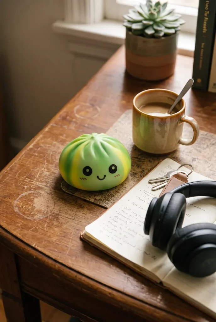 Squishy Dumpling Tie Dye Verde Remolino en un escritorio