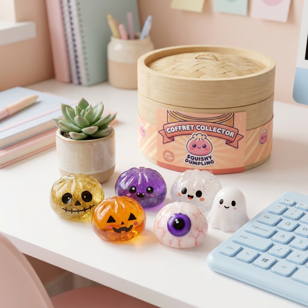 Dumpling Squishy Halloween Set de 5 Diseños en un ambiente de escritorio