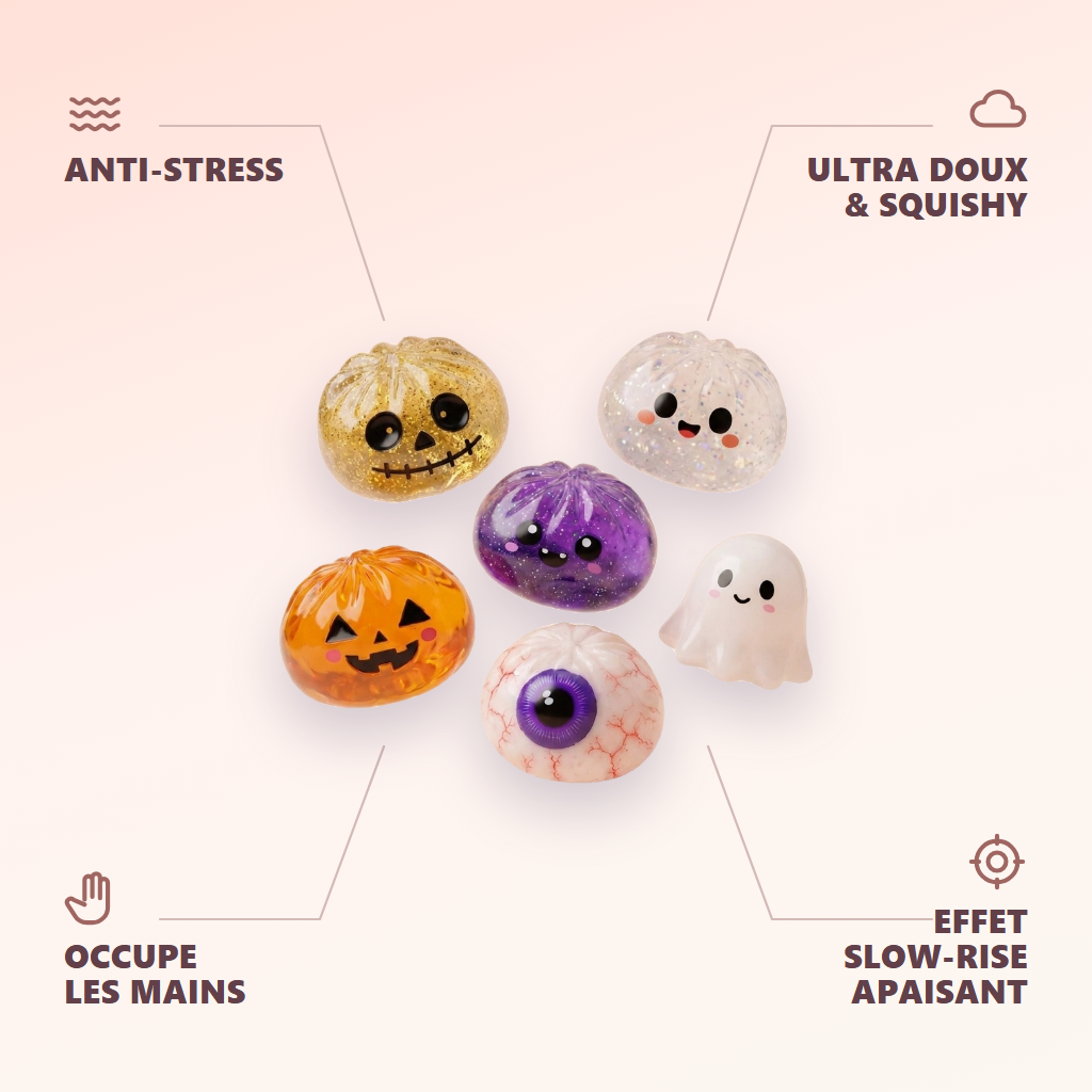 Dumpling Squishy Halloween Set de 5 Diseños — antiestrés, ultra blando, efecto slow-rise