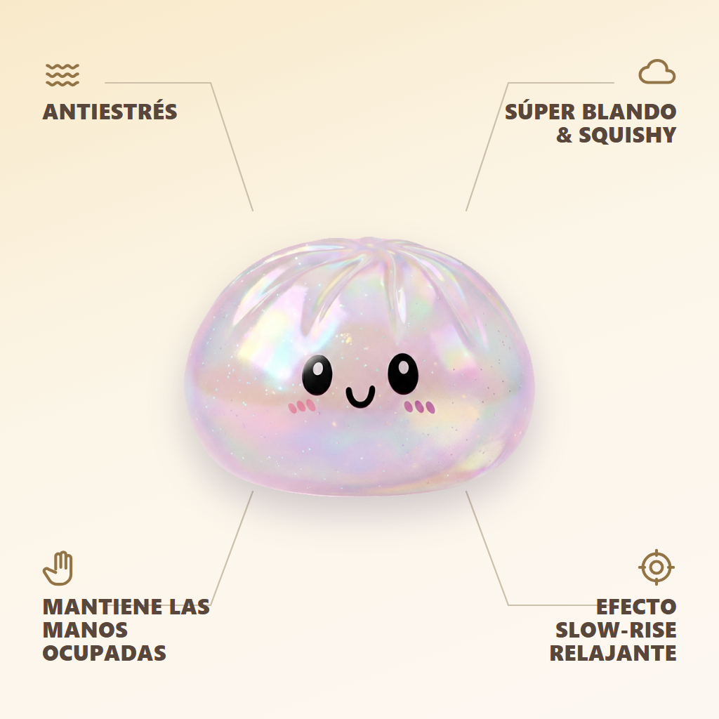 Holographic Dumpling Squishy Iridiscente — antiestrés, ultra blando, efecto slow-rise