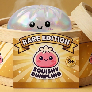Holographic Dumpling Squishy Iridiscente en su cesta de vapor de bambú