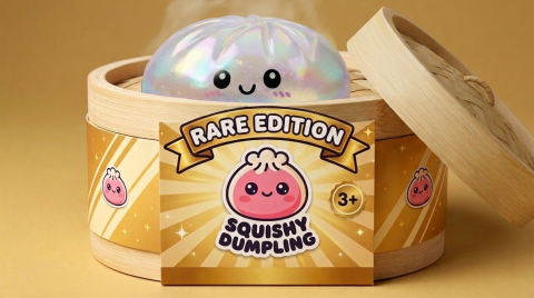 Holographic Dumpling Squishy Iridiscente en su cesta de vapor de bambú