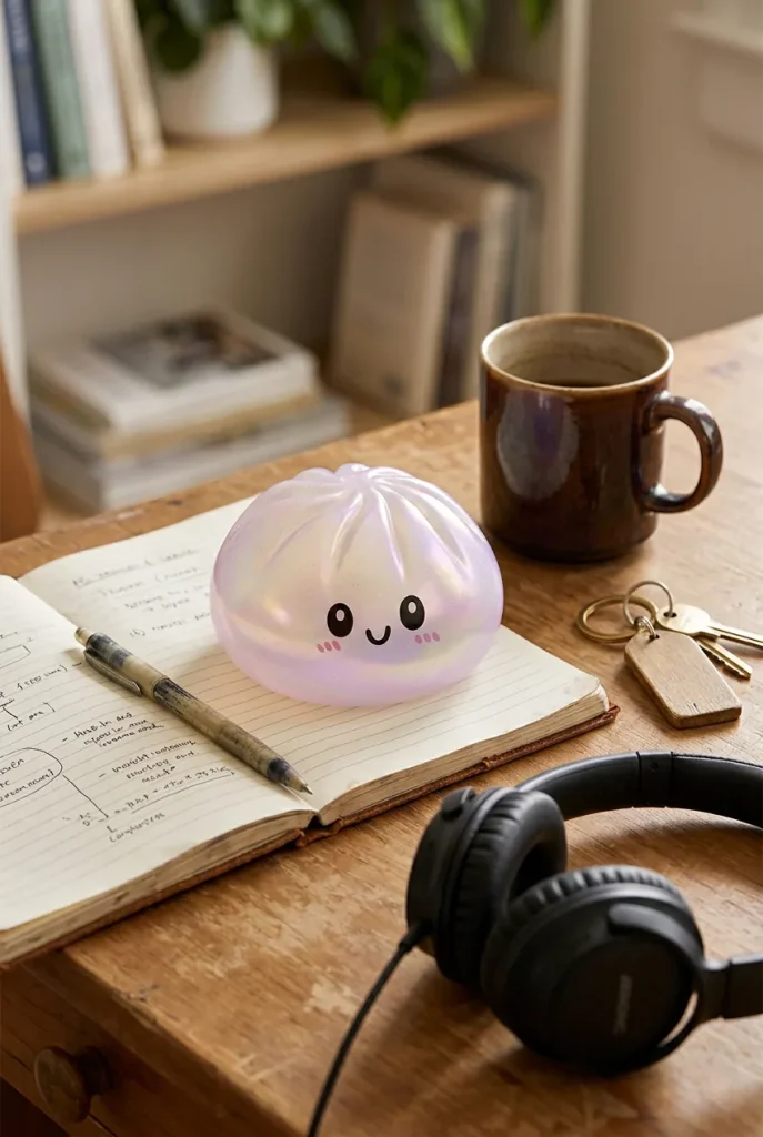 Holographic Dumpling Squishy Iridiscente en un escritorio