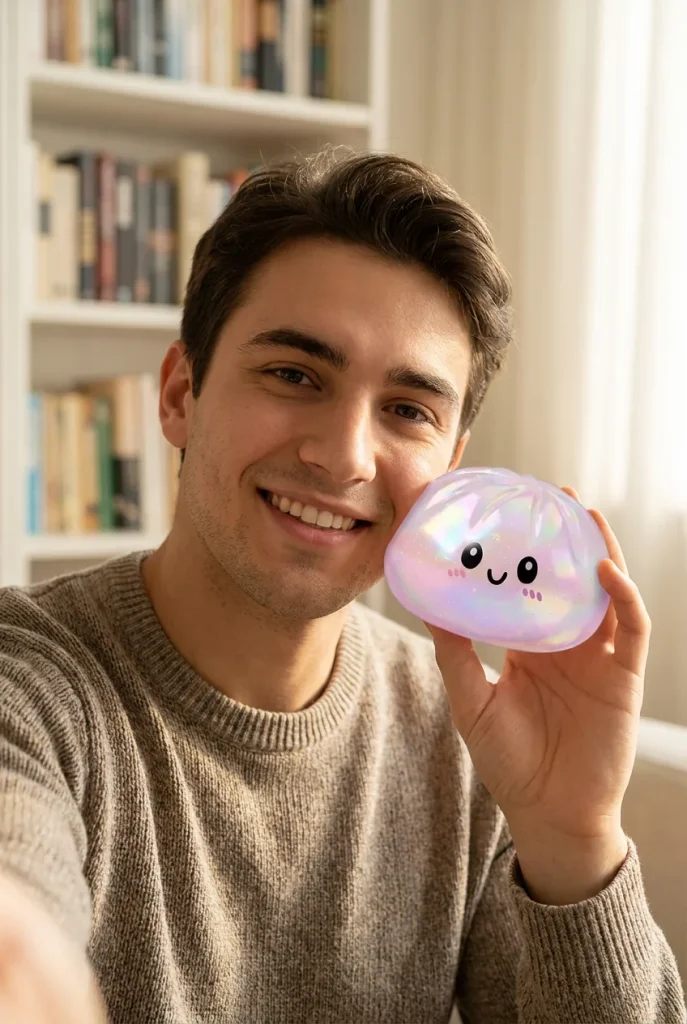 Holographic Dumpling Squishy Iridiscente cerca de la cara
