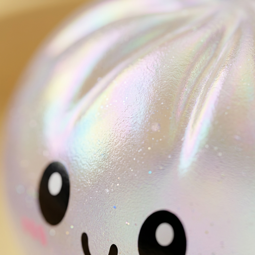 Holographic Dumpling Squishy Iridiscente — primer plano macro de la textura