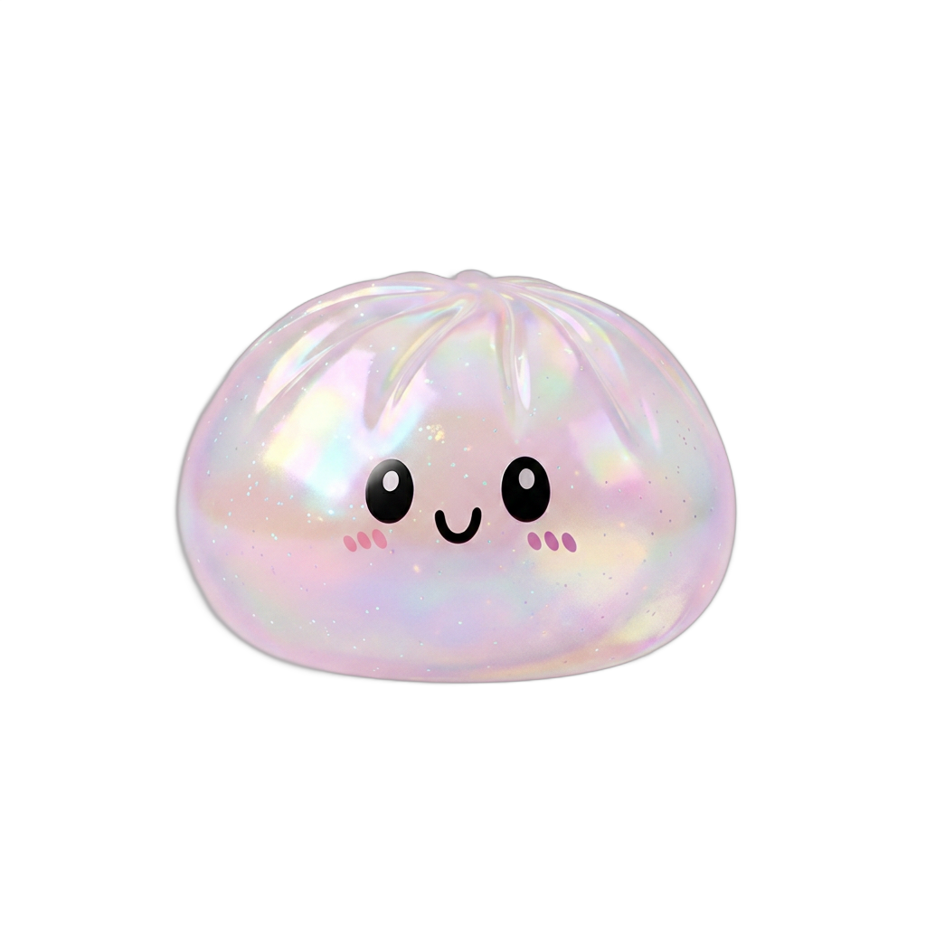Holographic Dumpling Squishy Iridiscente — squishy antiestrés slow-rise kawaii