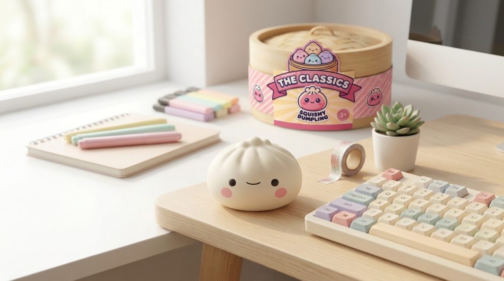 Dumpling Squishy Mystery Kawaii Japonés Blind Box 12 en un ambiente de escritorio