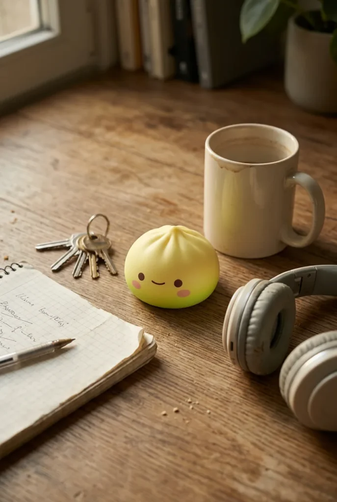 Dumpling Squishy Mystery Kawaii Japonés Blind Box 12 en un escritorio