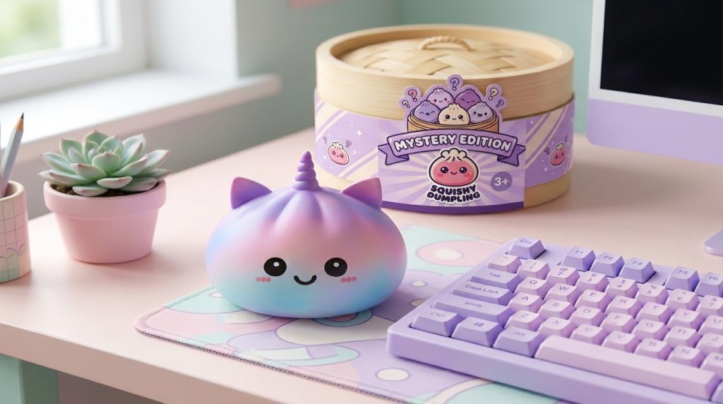 Jumbo Dumpling Squishy Unicornio Arcoíris en un ambiente de escritorio