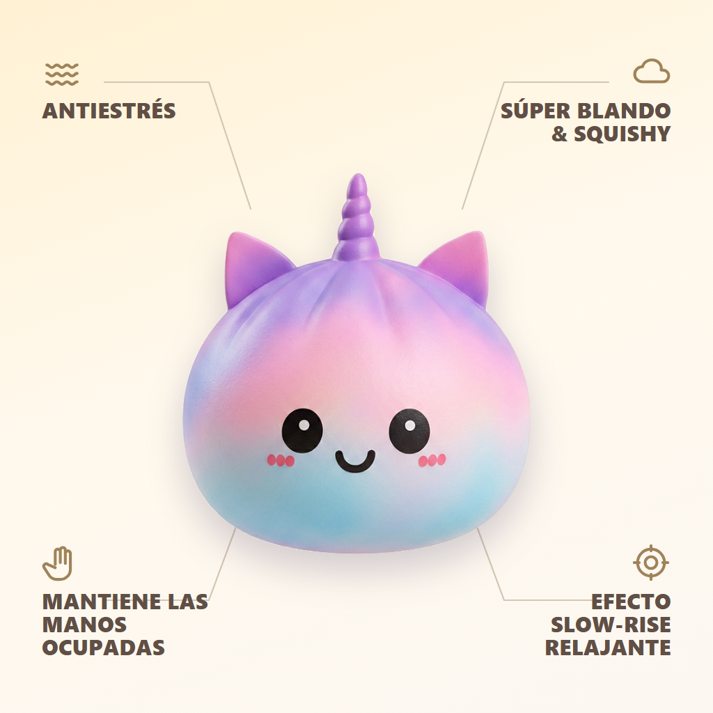 Jumbo Dumpling Squishy Unicornio Arcoíris — antiestrés, ultra blando, efecto slow-rise