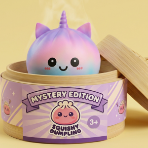 Jumbo Dumpling Squishy Unicornio Arcoíris en su cesta de vapor de bambú
