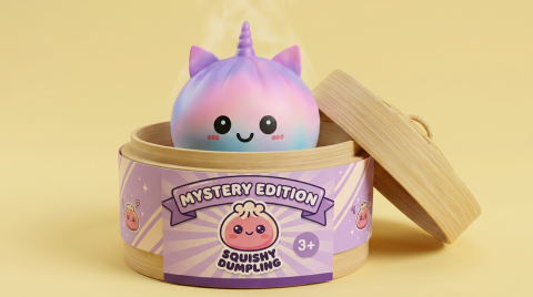 Jumbo Dumpling Squishy Unicornio Arcoíris en su cesta de vapor de bambú