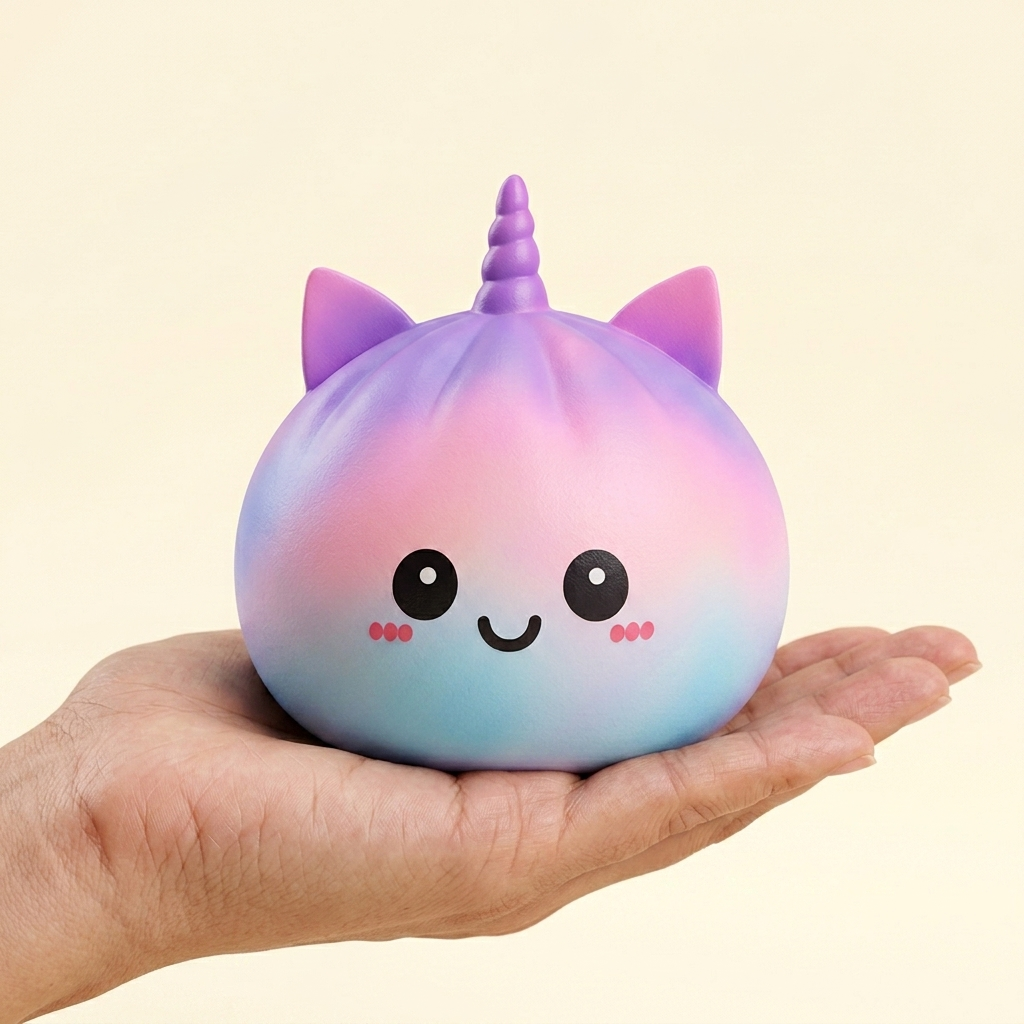 Jumbo Dumpling Squishy Unicornio Arcoíris en la mano, tamaño real