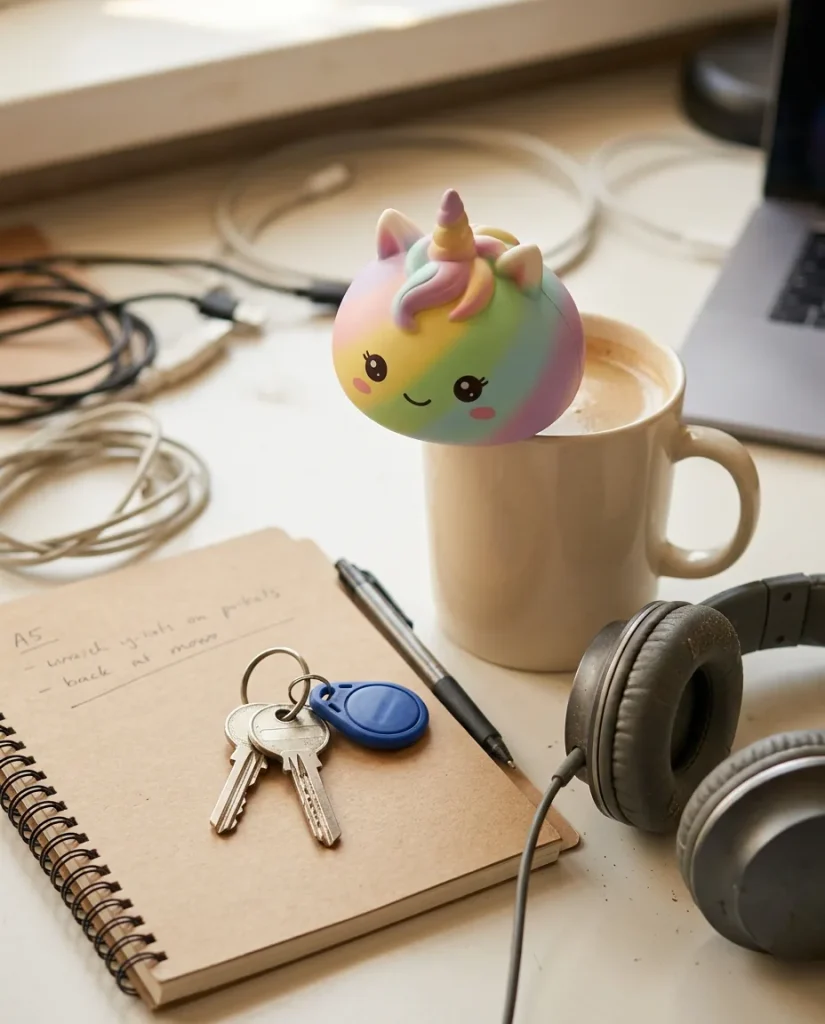 Jumbo Dumpling Squishy Unicornio Arcoíris en un escritorio