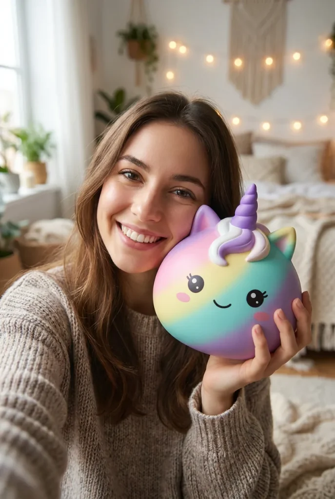 Jumbo Dumpling Squishy Unicornio Arcoíris cerca de la cara