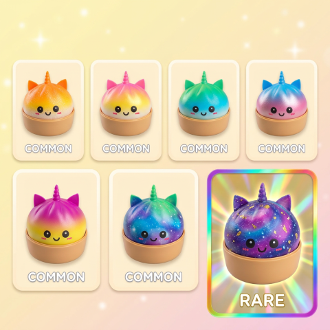 Jumbo Dumpling Squishy Unicornio Arcoíris — tabla de rarezas (común, raro, ultra raro)