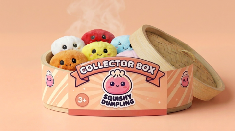 Dumpling Squishy Llavero Peluche X6 en su cesta de vapor de bambú