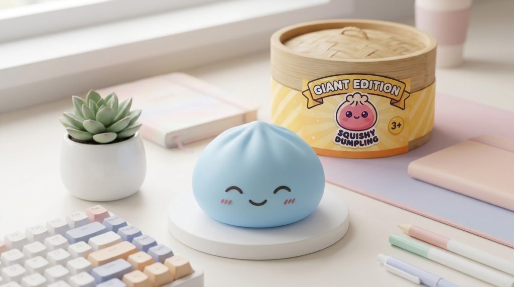 Giant Dumpling Squishy Azul Jumbo 15 cm en un ambiente de escritorio