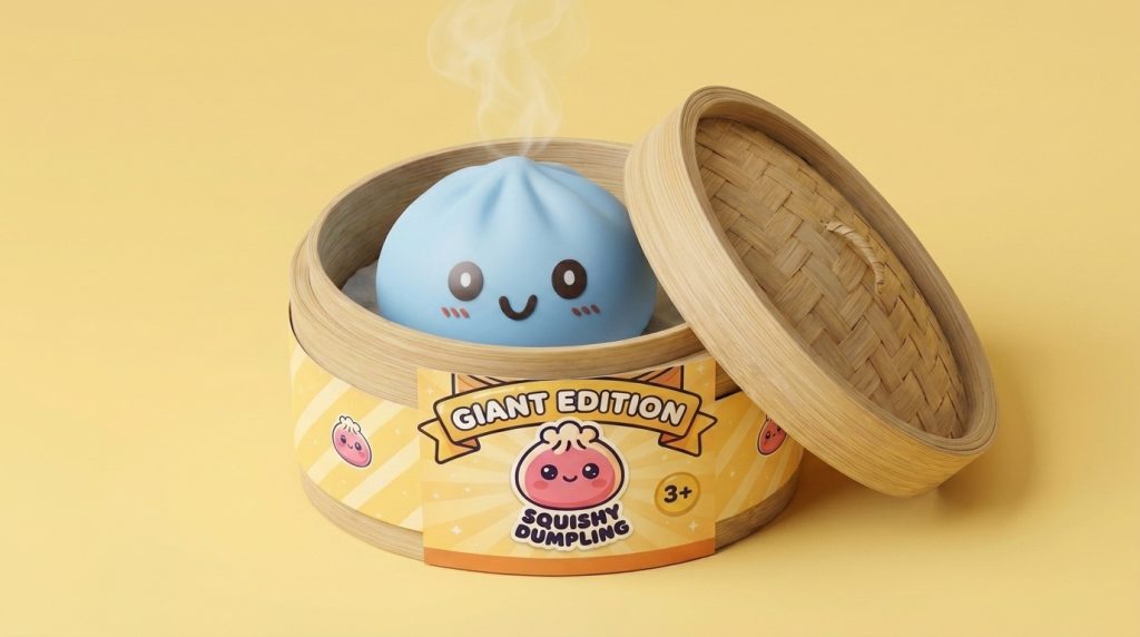 Giant Dumpling Squishy Azul Jumbo 15 cm en su cesta de vapor de bambú