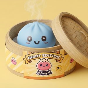 Giant Dumpling Squishy Azul Jumbo 15 cm en su cesta de vapor de bambú