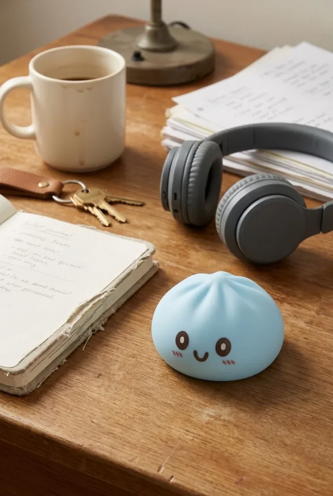 Giant Dumpling Squishy Azul Jumbo 15 cm en un escritorio