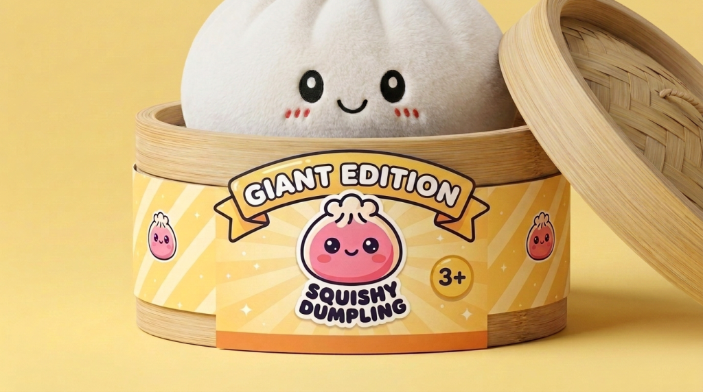 Squishy Dumpling Big Cojín Gigante en su cesta de vapor de bambú