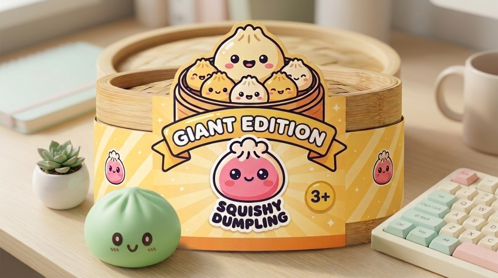 Giant Dumpling Squishy Verde Jumbo en un ambiente de escritorio