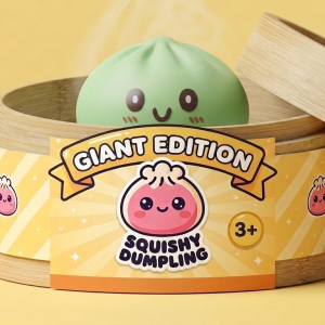 Giant Dumpling Squishy Verde Jumbo en su cesta de vapor de bambú