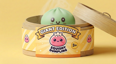 Giant Dumpling Squishy Verde Jumbo en su cesta de vapor de bambú