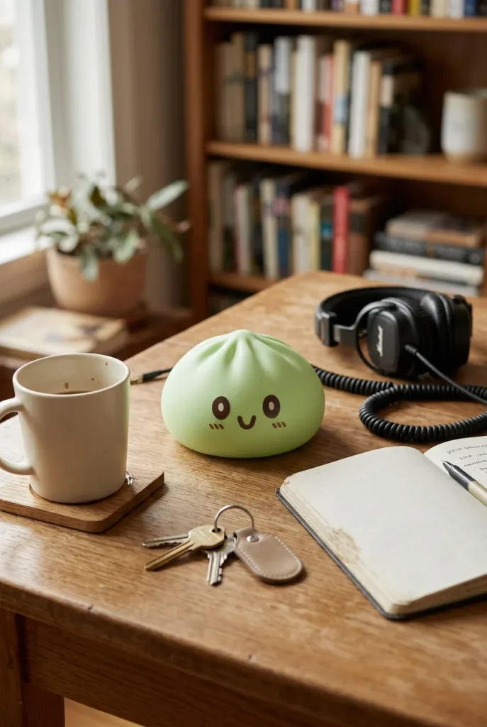Giant Dumpling Squishy Verde Jumbo en un escritorio