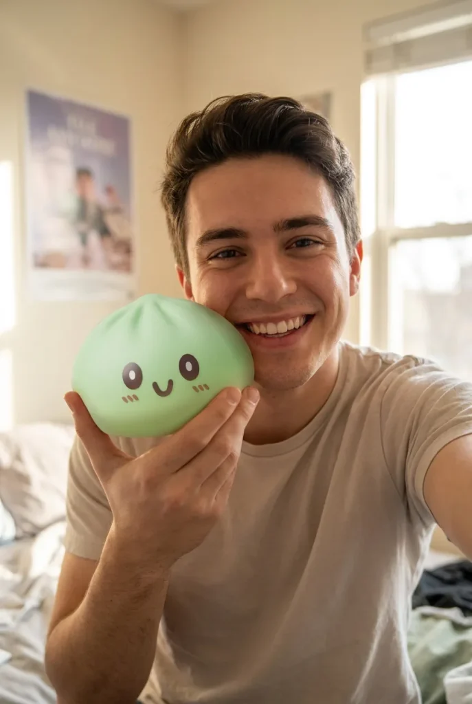 Giant Dumpling Squishy Verde Jumbo cerca de la cara
