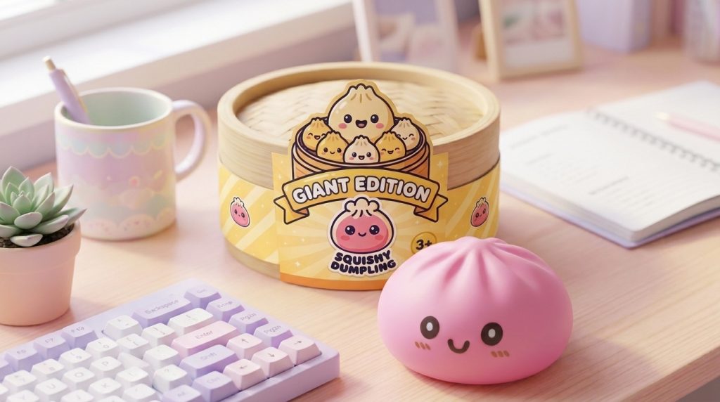 Giant Dumpling Squishy Rosa en un ambiente de escritorio