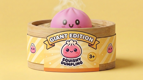 Giant Dumpling Squishy Rosa en su cesta de vapor de bambú