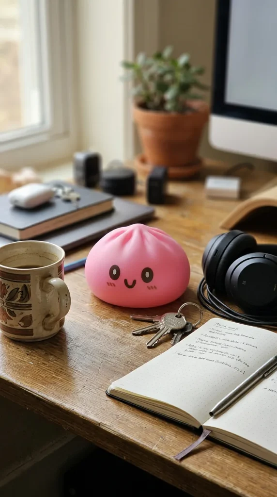 Giant Dumpling Squishy Rosa en un escritorio