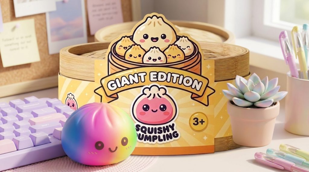 Rainbow Dumpling Squishy Gigante 15 cm en un ambiente de escritorio
