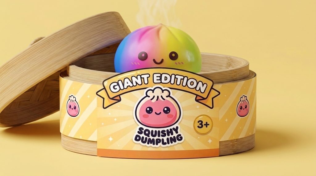 Rainbow Dumpling Squishy Gigante 15 cm en su cesta de vapor de bambú
