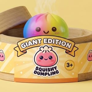 Rainbow Dumpling Squishy Gigante 15 cm en su cesta de vapor de bambú