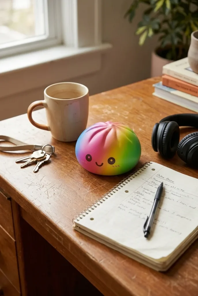 Rainbow Dumpling Squishy Gigante 15 cm en un escritorio