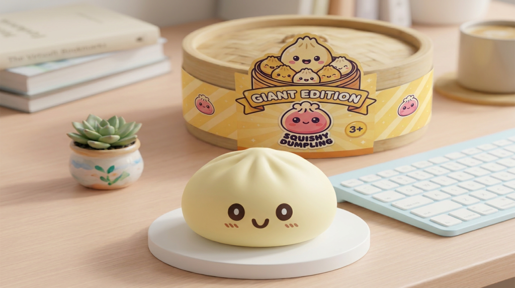Squishy Dumpling Amarillo Gigante en un ambiente de escritorio