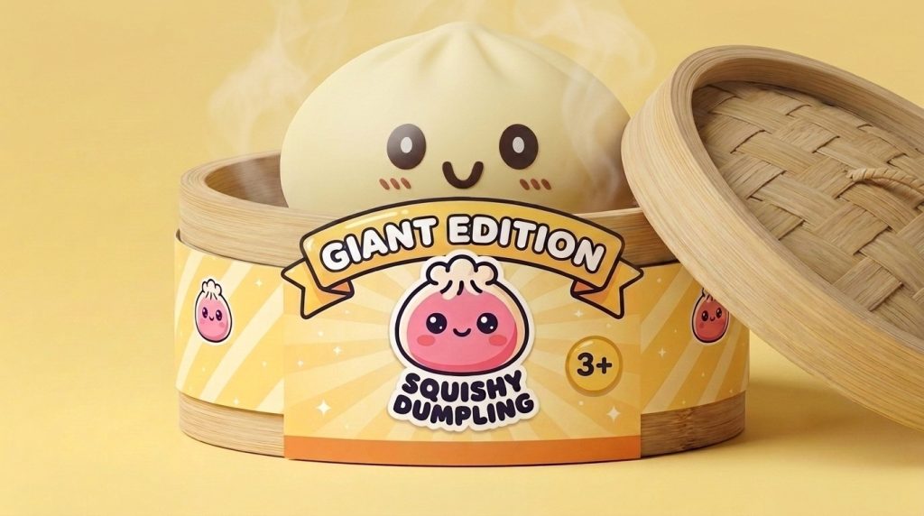 Squishy Dumpling Amarillo Gigante en su cesta de vapor de bambú