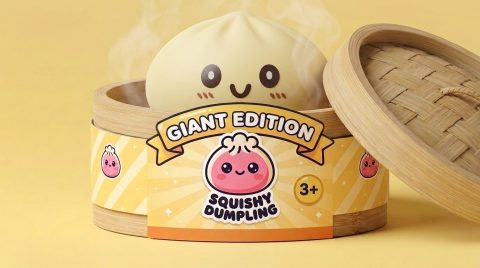 Squishy Dumpling Amarillo Gigante en su cesta de vapor de bambú