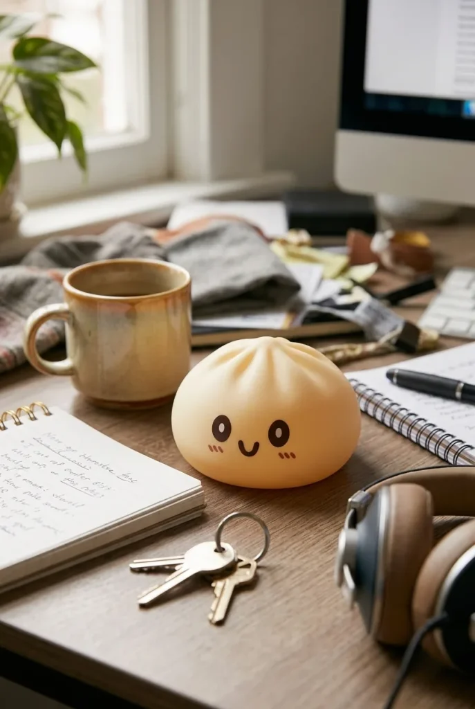 Squishy Dumpling Amarillo Gigante en un escritorio